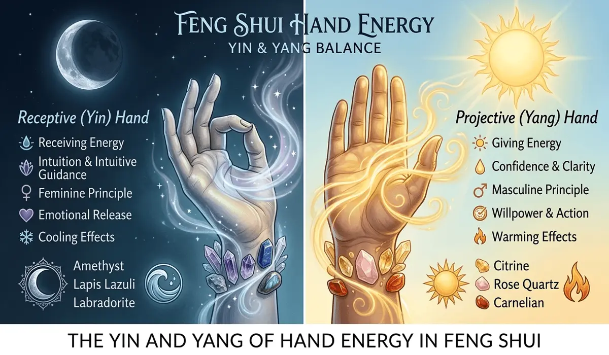 A visual representation of the receptive left hand and projective right hand in Feng Shui energy theory.