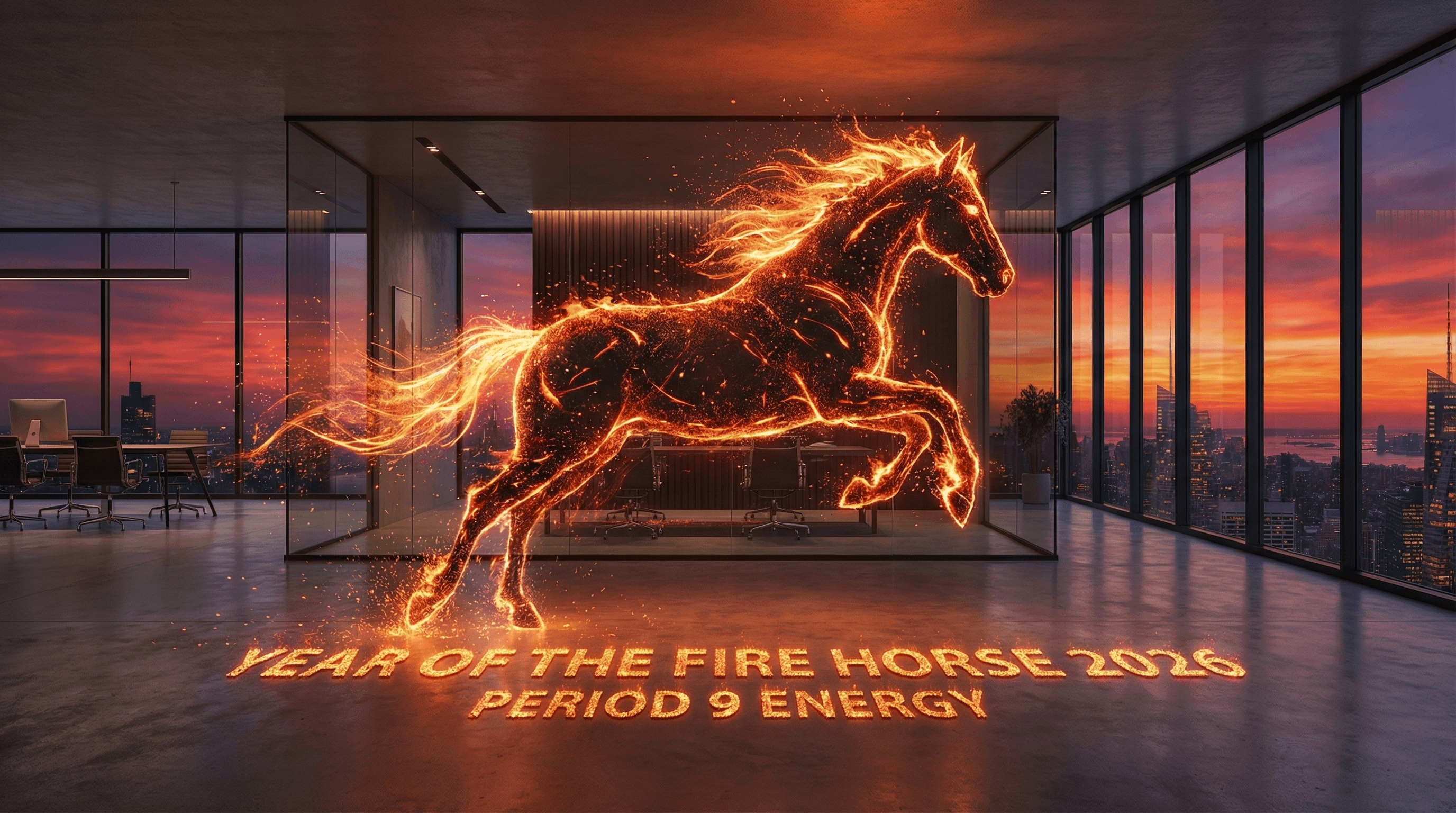 A symbolic visualization of the 2026 Fire Horse energy entering a modern office space, representing momentum and Period 9 Feng Shui.