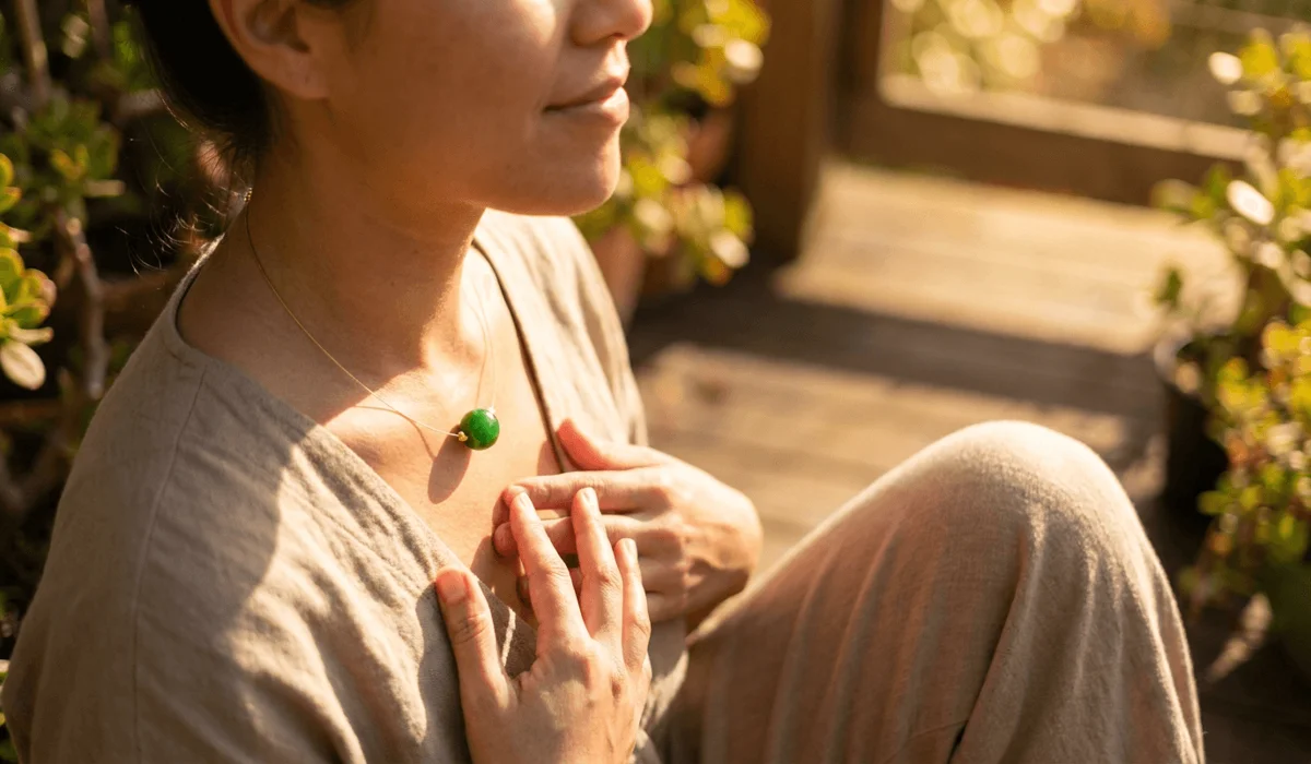 Authentic green jade pendant worn over the heart chakra promoting calm energy and emotional balance