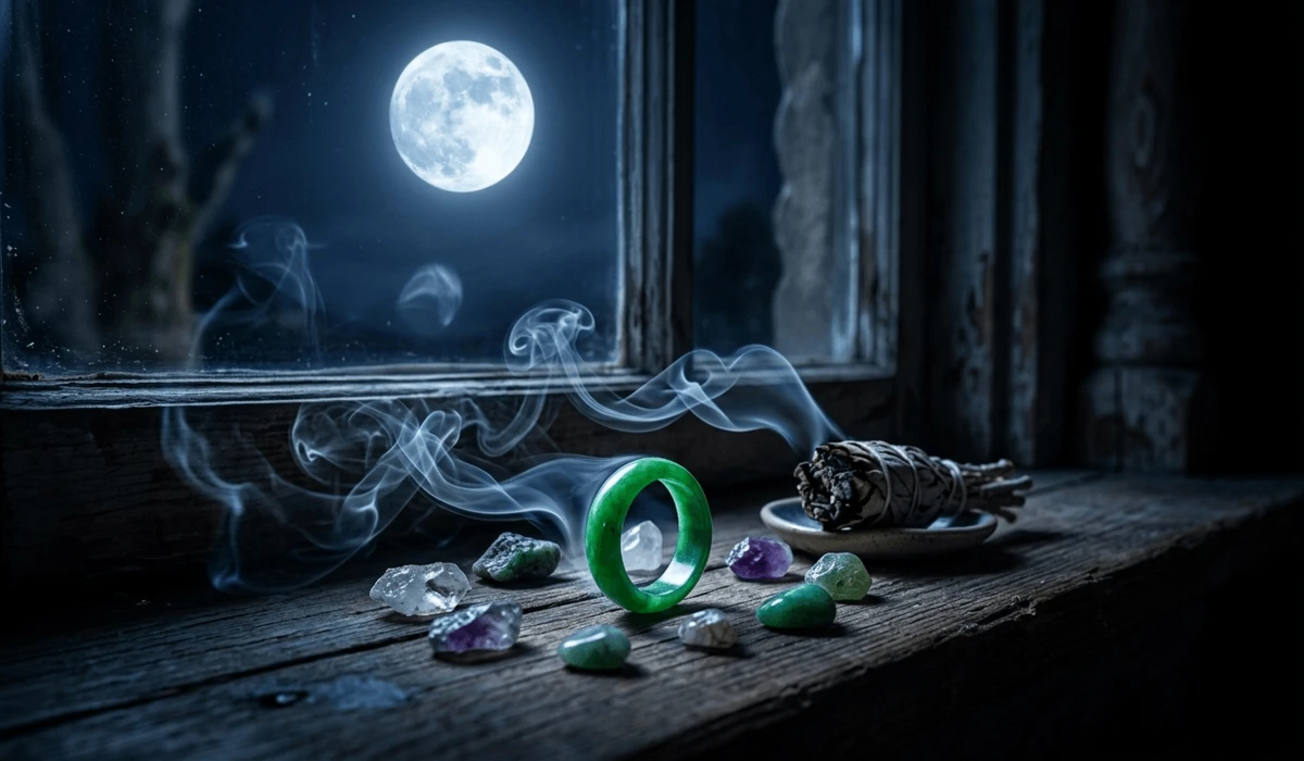 A green jade ring being charged under full moonlight and cleansed with sage smoke to reset its vibrational frequency.
