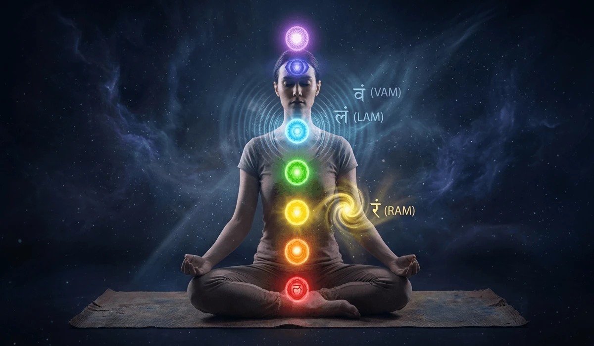 A meditation practitioner visualizing the 7 chakras and energy vibrations during Bija mantra chanting.