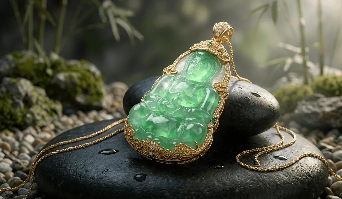 A high-quality translucent green Jadeite pendant symbolizing the Stone of Heaven and spiritual enlightenment.