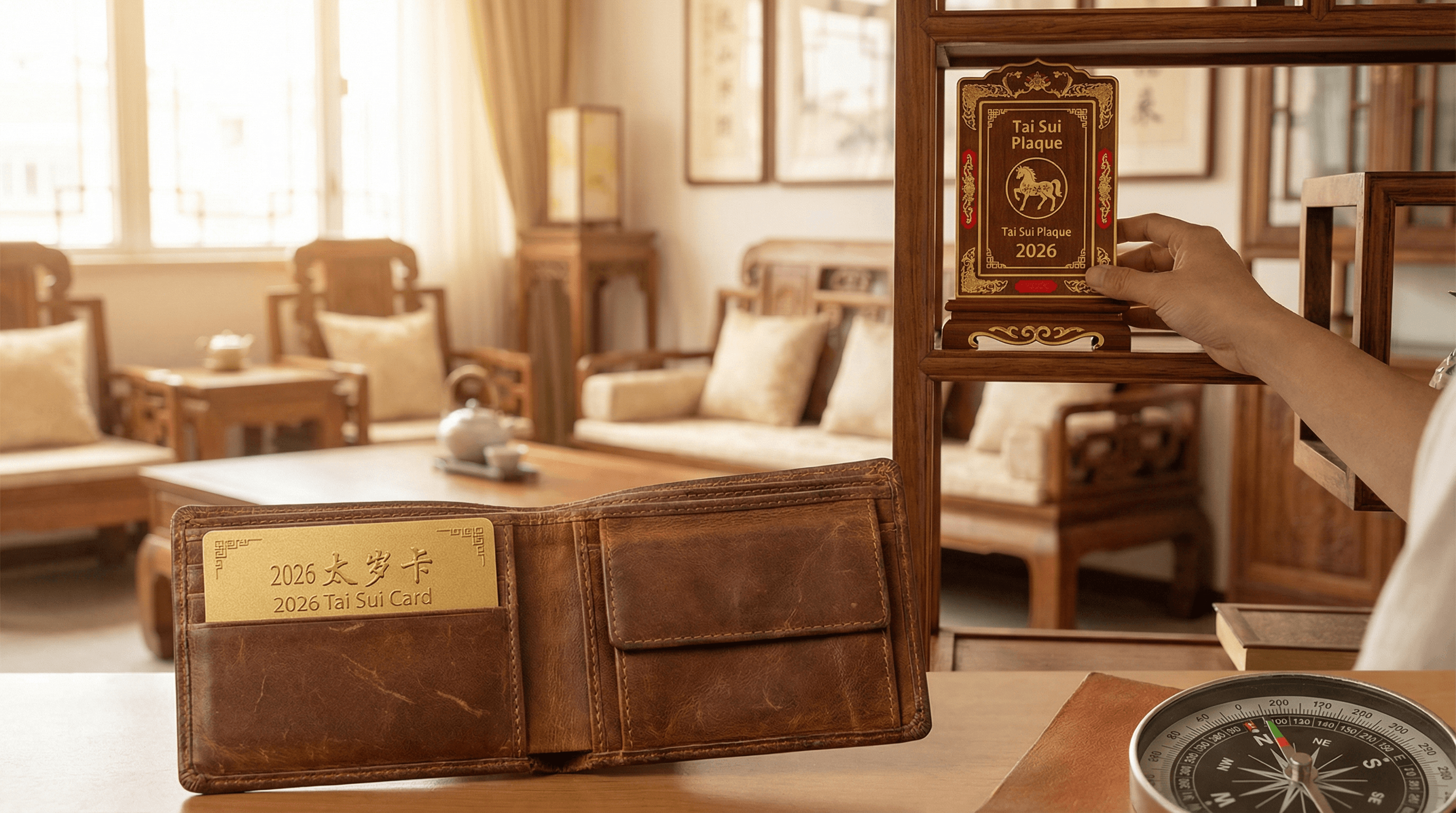 A person placing a Tai Sui Plaque on a high shelf in the South sector and showing a Tai Sui card in a wallet.
