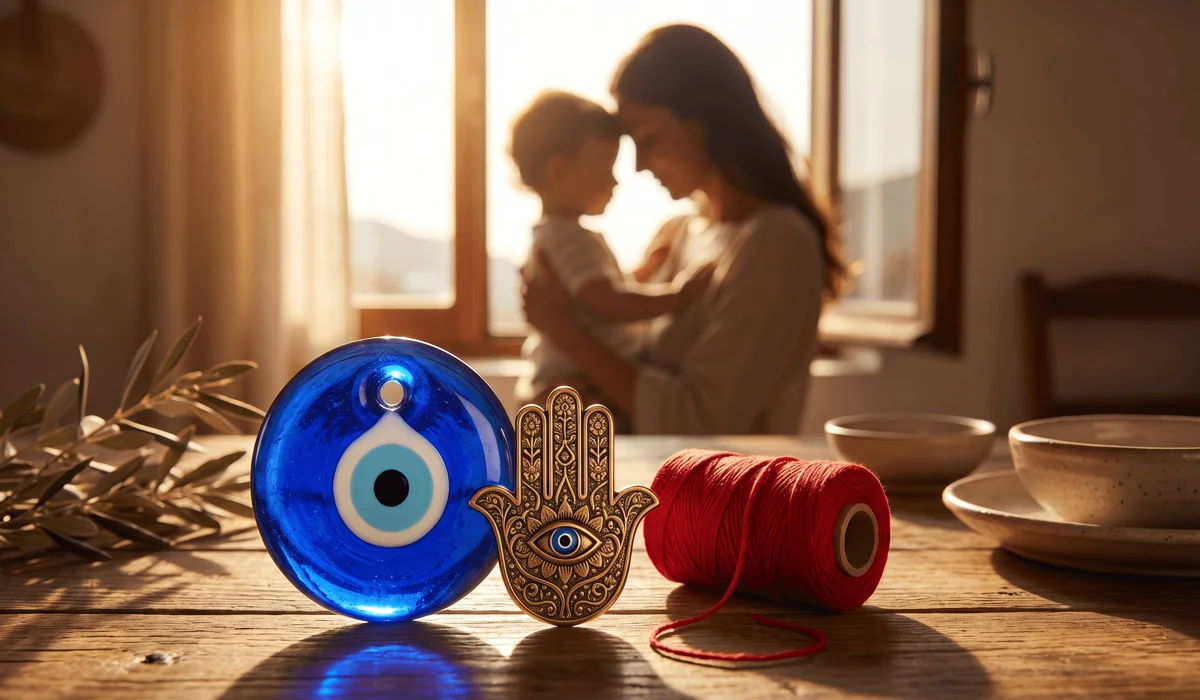 Traditional spiritual symbols including the Evil Eye and Hamsa hand used in infant protection rituals across cultures.