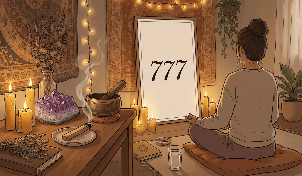 Spiritual manifestation ritual with angel number art, crystals, and Palo Santo for home energy cleansing.
