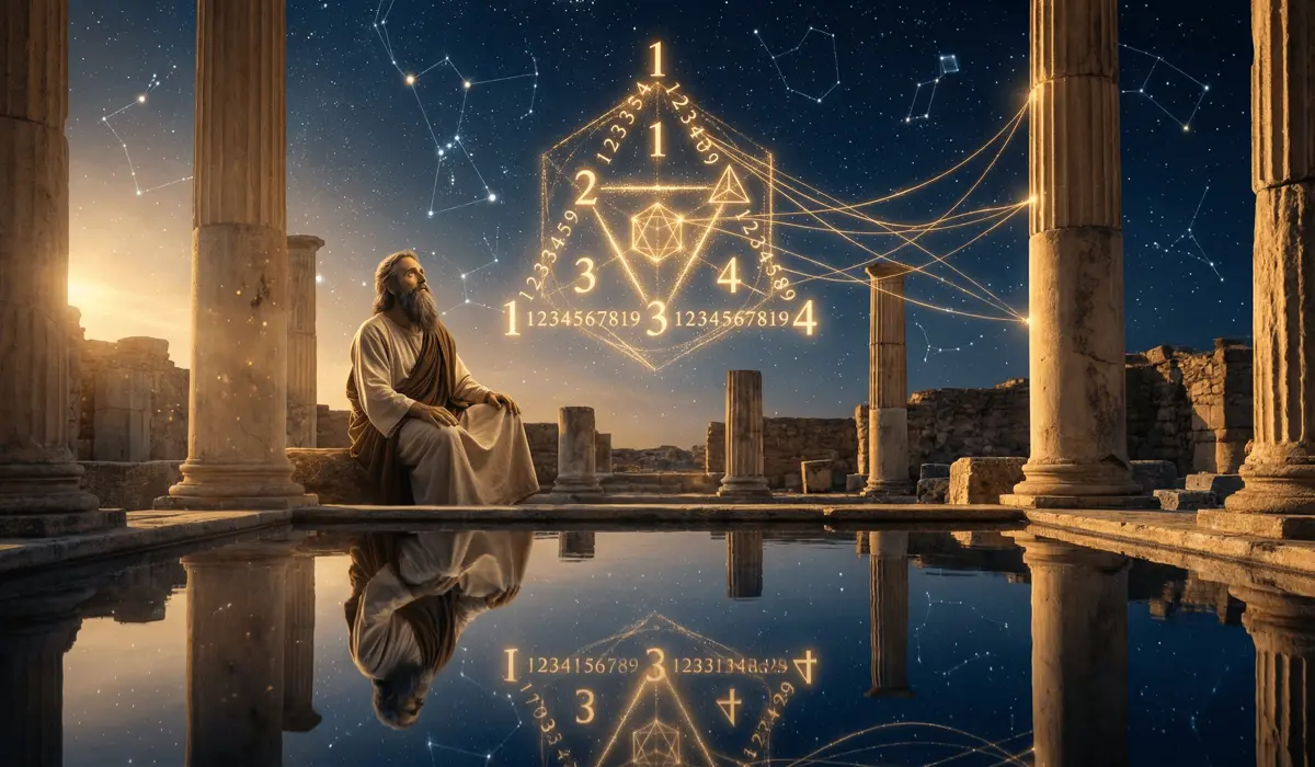 Ancient Pythagorean numerology and sacred geometry representing the origins of angel numbers.
