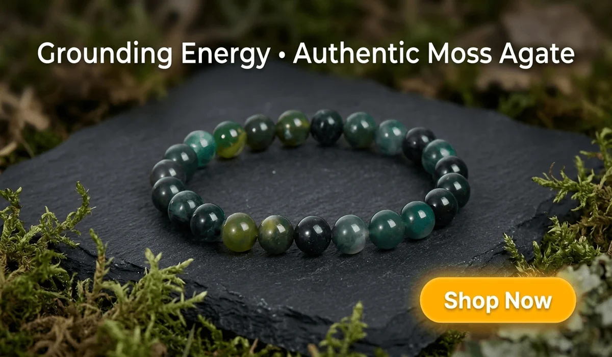 Natural Moss Agate Beads Bracelet for grounding energy featured in a luxury blog banner with a Shop Now button
