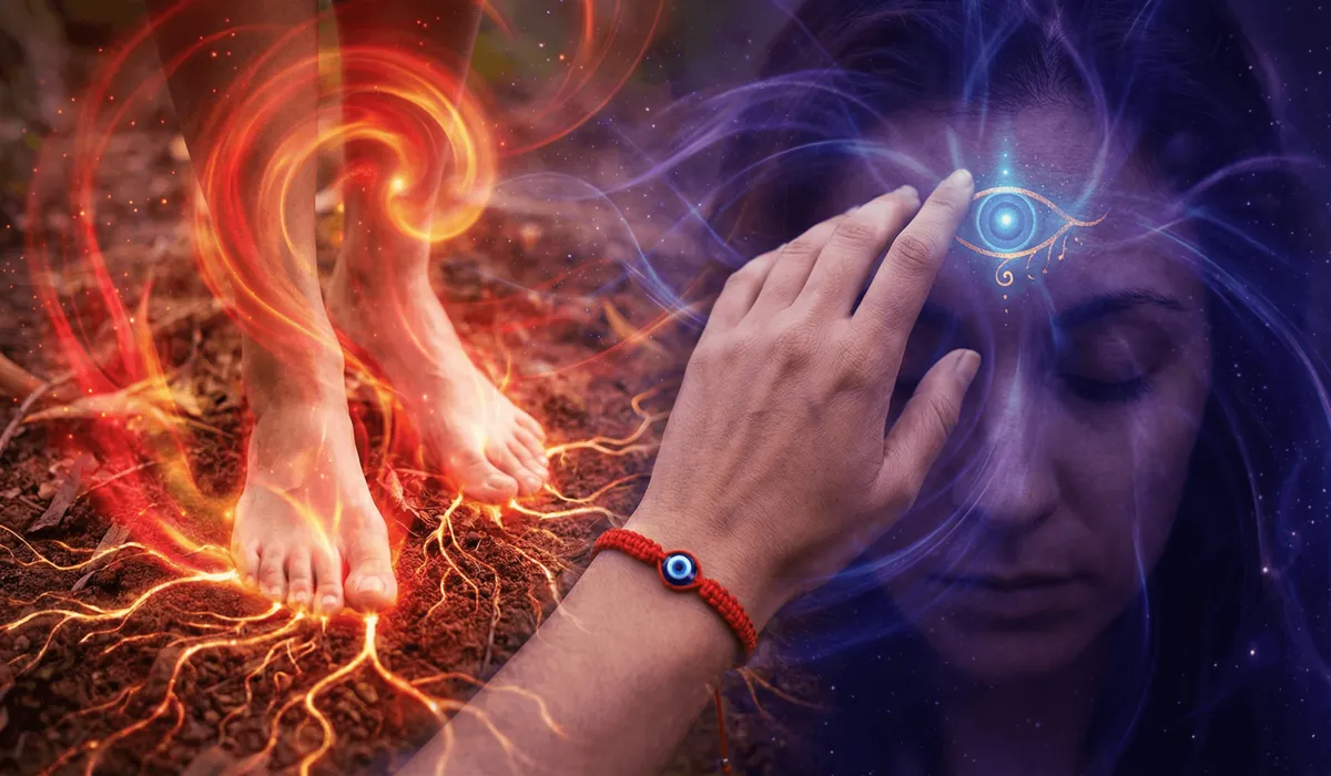 Conceptual spiritual art showing the connection between the red string bracelet, the Root Chakra, and the Third Eye Chakra for energy shielding.