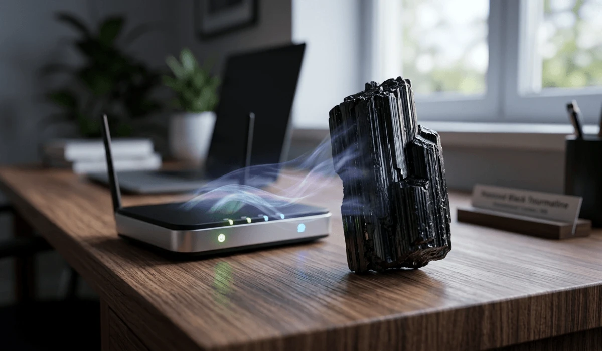 Raw Black Tourmaline crystal near a Wi-Fi router illustrating EMF protection and electronic grounding.