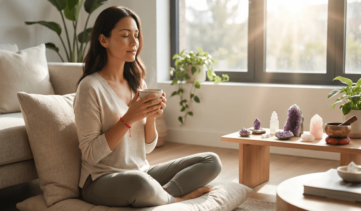 A woman wearing a red string evil eye bracelet during a mindfulness practice, highlighting its use as spiritual grounding jewelry.