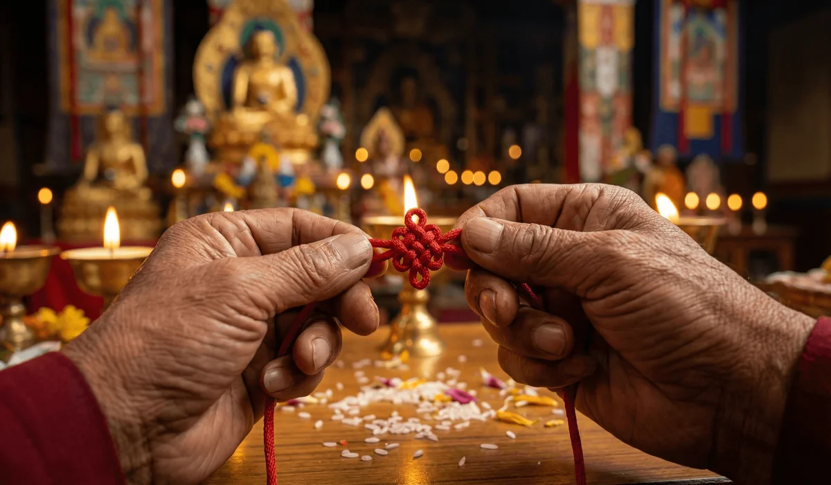 A Tibetan monk's hands tying a sacred Vajra knot on a red silk blessed bracelet in a temple setting.