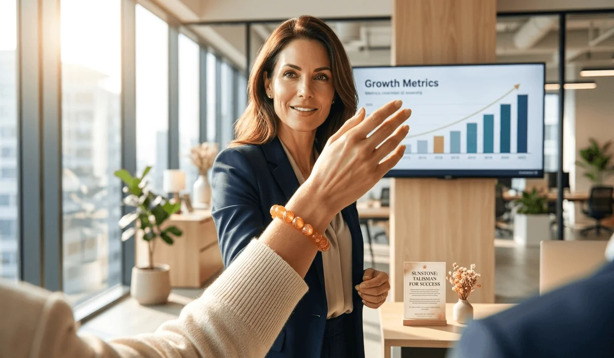A woman wearing a Sunstone bracelet in a leadership role, symbolizing confidence, professional success, and independence.