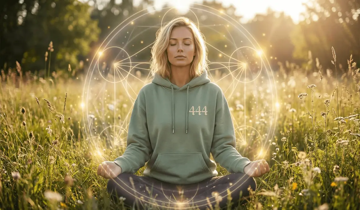 A woman wearing a 444 angel number sweatshirt surrounded by a protective geometric aura, symbolizing spiritual grounding and energetic shielding.