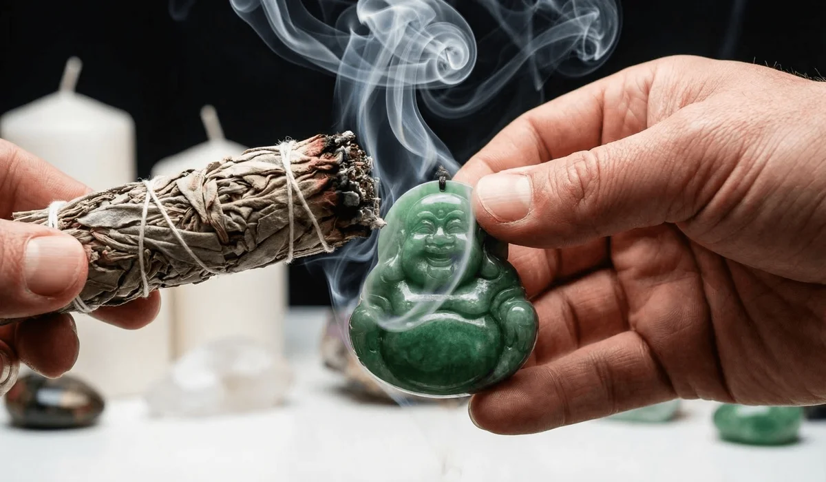 Purifying a Buddha pendant with incense smoke to clear accumulated daily energies.