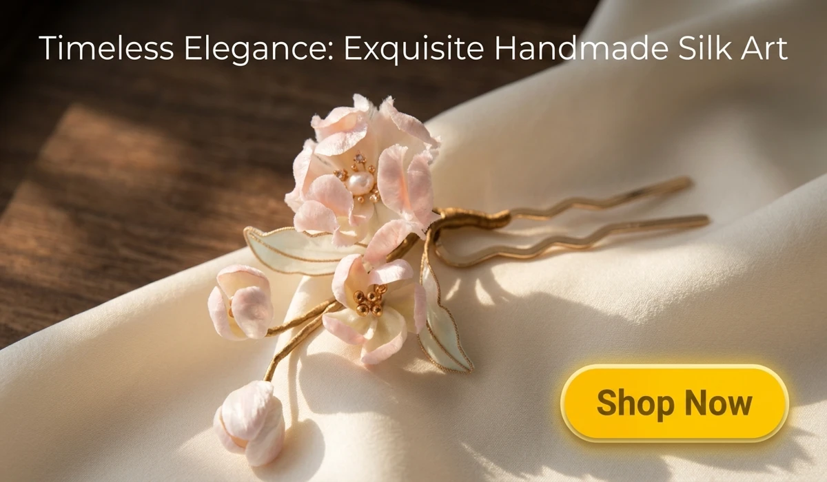 Exquisite handmade pink velvet flower hairpin with gold stems, traditional silk floral art hair accessory for elegant styling, featured with a Shop Now button.