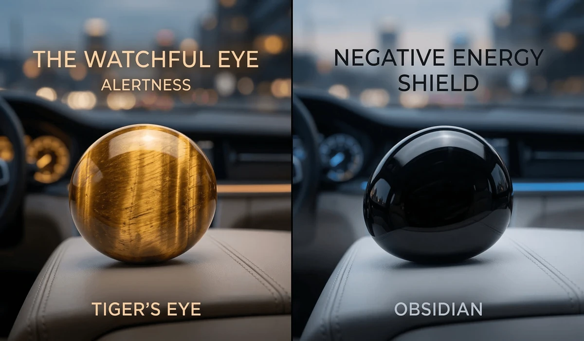 Comparison of Tiger's Eye for vigilance and Black Obsidian for vehicle energy protection.