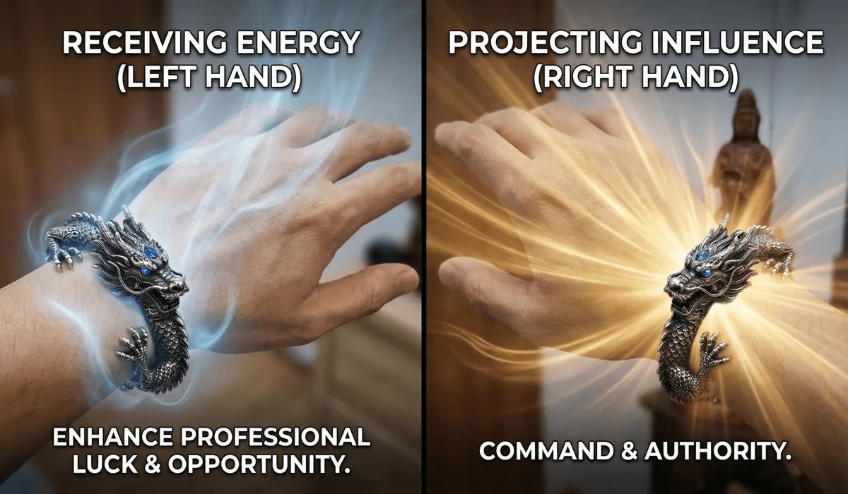Comparison of wearing a dragon bracelet on the left hand versus the right hand for Feng Shui career luck.