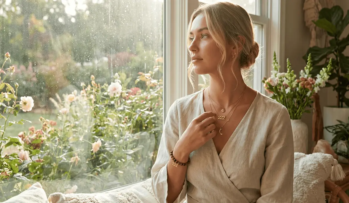 A woman wearing a 222 angel number necklace while practicing mindfulness, symbolizing the benefits of wearing manifestation jewelry for spiritual connection.
