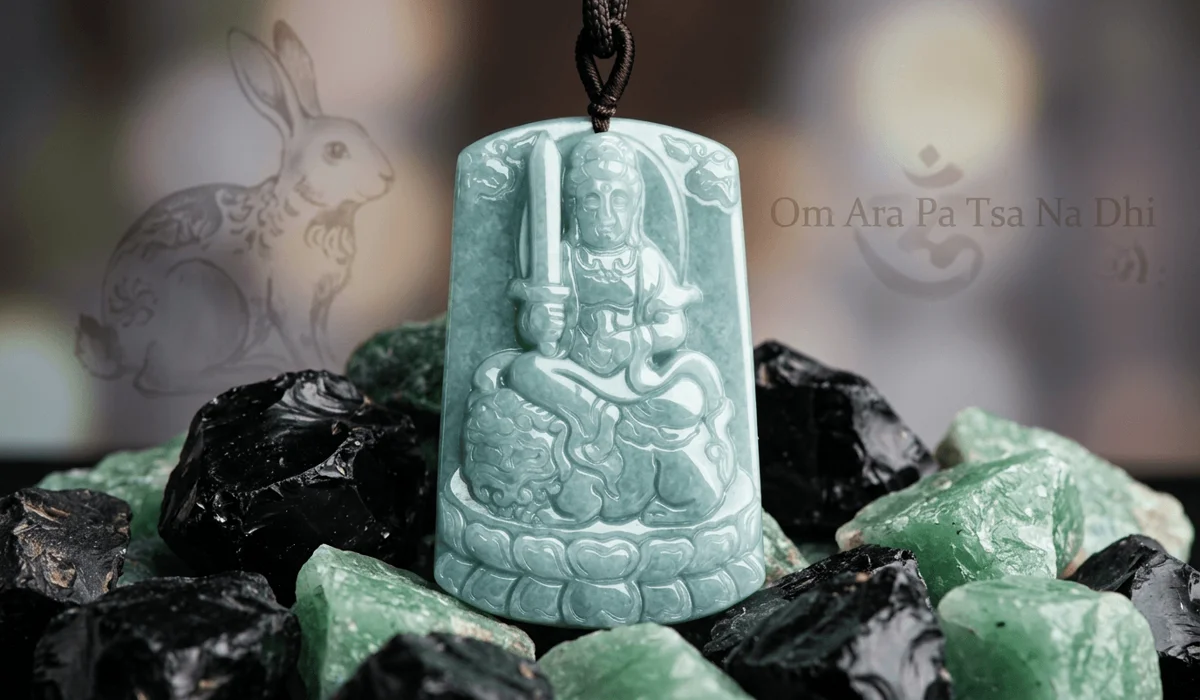 Close-up of a high-quality Jade Manjusri Buddha pendant with Obsidian and Aventurine stones, used for Rabbit zodiac protection and luck.