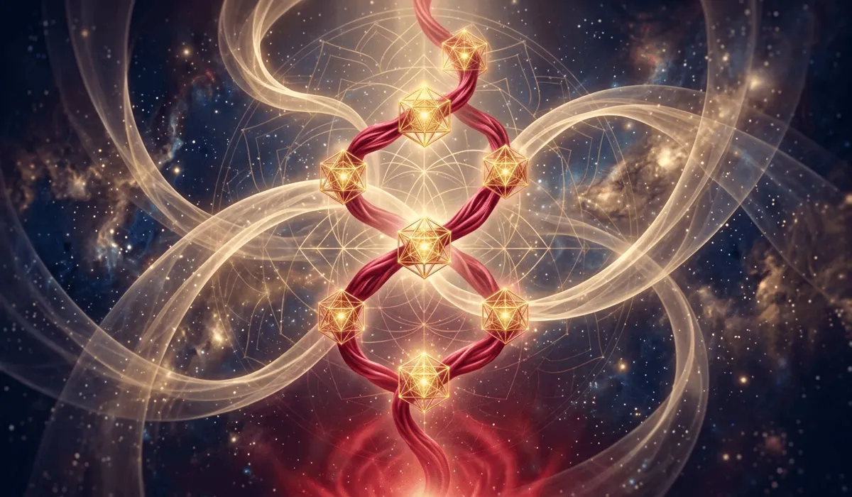 Abstract spiritual art illustrating the 7 knots of a red string as anchors to different spiritual dimensions and divine protection.