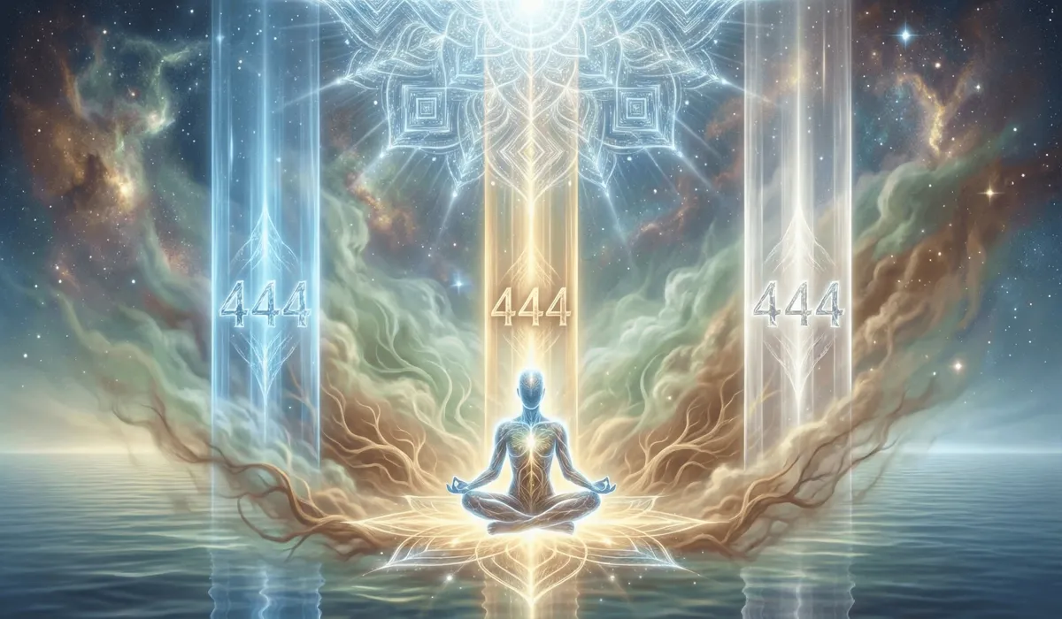 Meditation visual showing a person protected by three pillars of light etched with 444, representing grounding and square breathing.