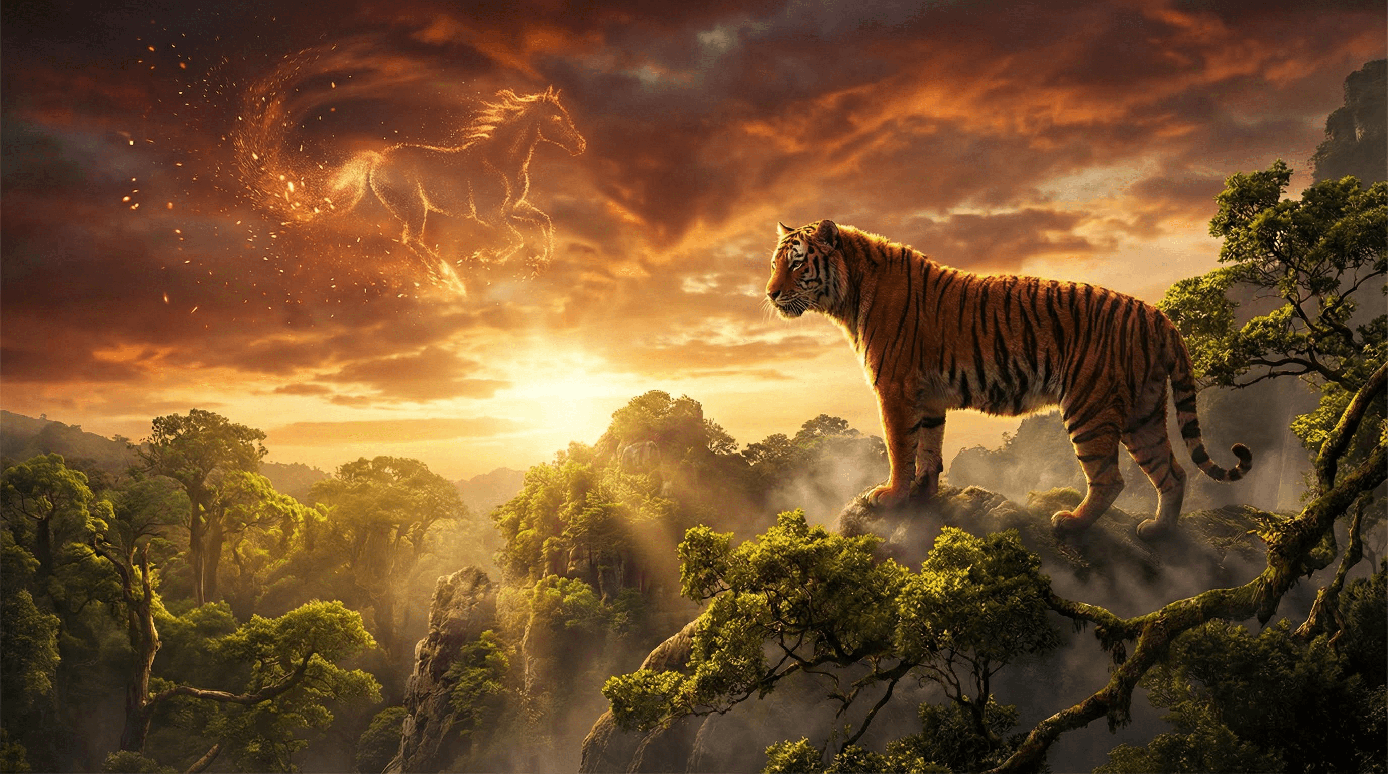 A majestic Tiger standing on a mountain ridge during the 2026 Fire Horse transition symbolizing leadership and Yang Wood energy.
