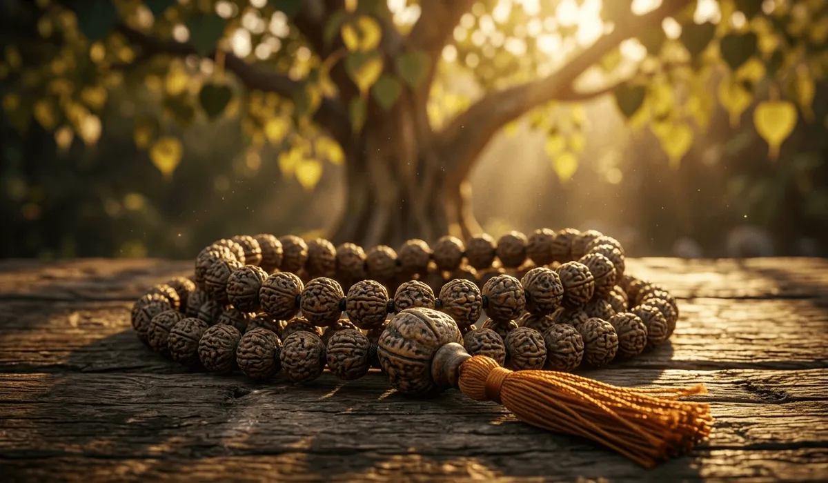 Authentic 108-bead Bodhi seed mala resting on a wooden altar with a Sacred Bodhi Tree in the background.