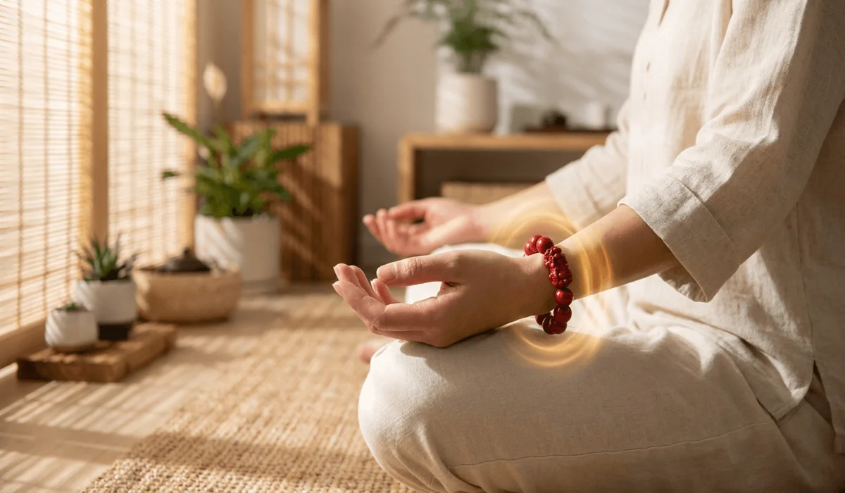 Authentic cinnabar bead protection bracelet worn on the wrist during meditation, symbolizing root chakra grounding and spiritual energy.