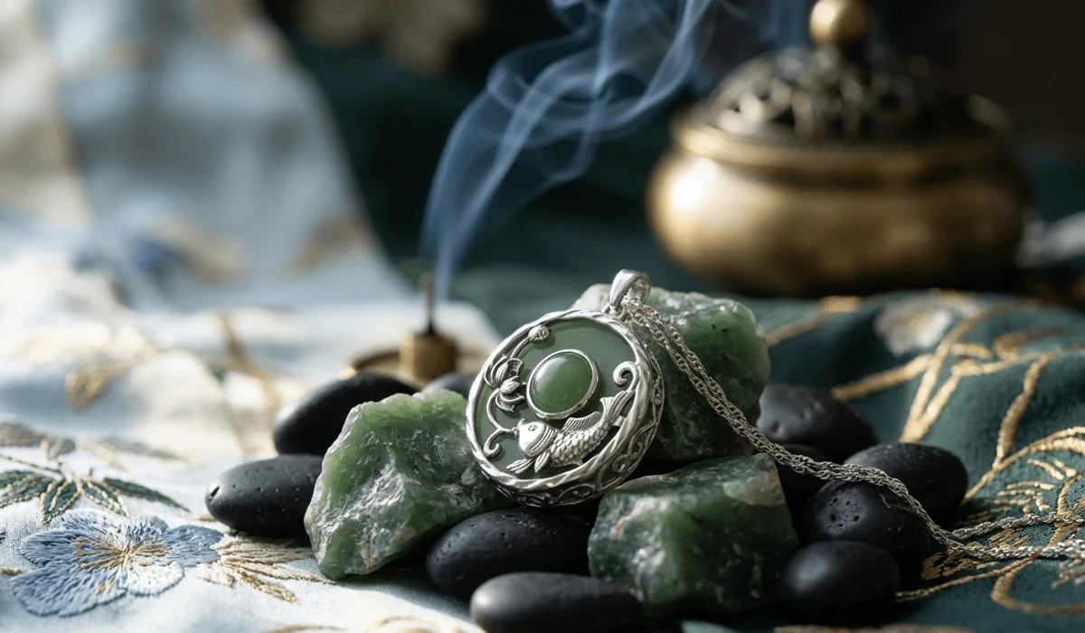 Intricate Koi and Lotus jewelry talisman placed on jade and obsidian stones, representing mindfulness and prosperity energy.