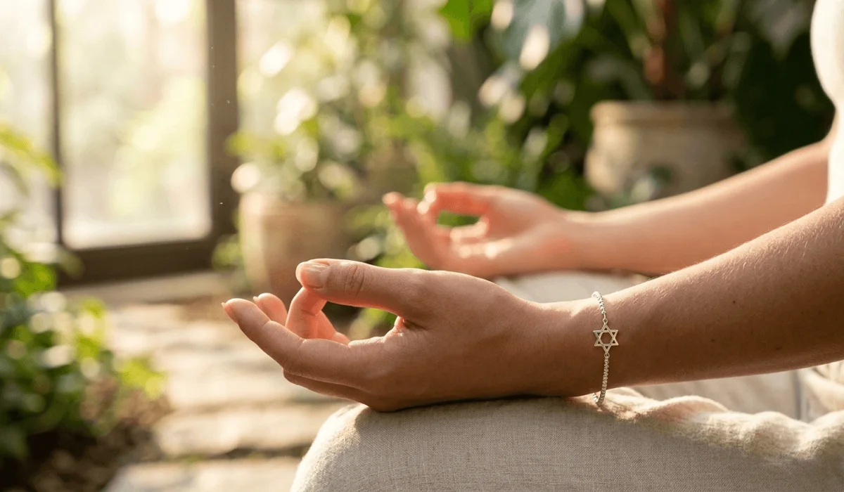 A person wearing a Star of David bracelet on their left wrist for spiritual grounding and receiving divine protection during meditation.
