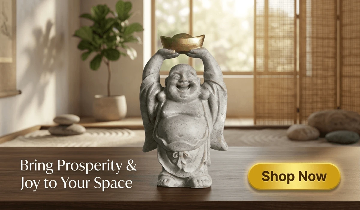 Handmade sandstone Laughing Buddha statue holding a gold ingot, representing wealth and happiness, styled in a minimalist Zen home decor setting for a professional e-commerce blog.