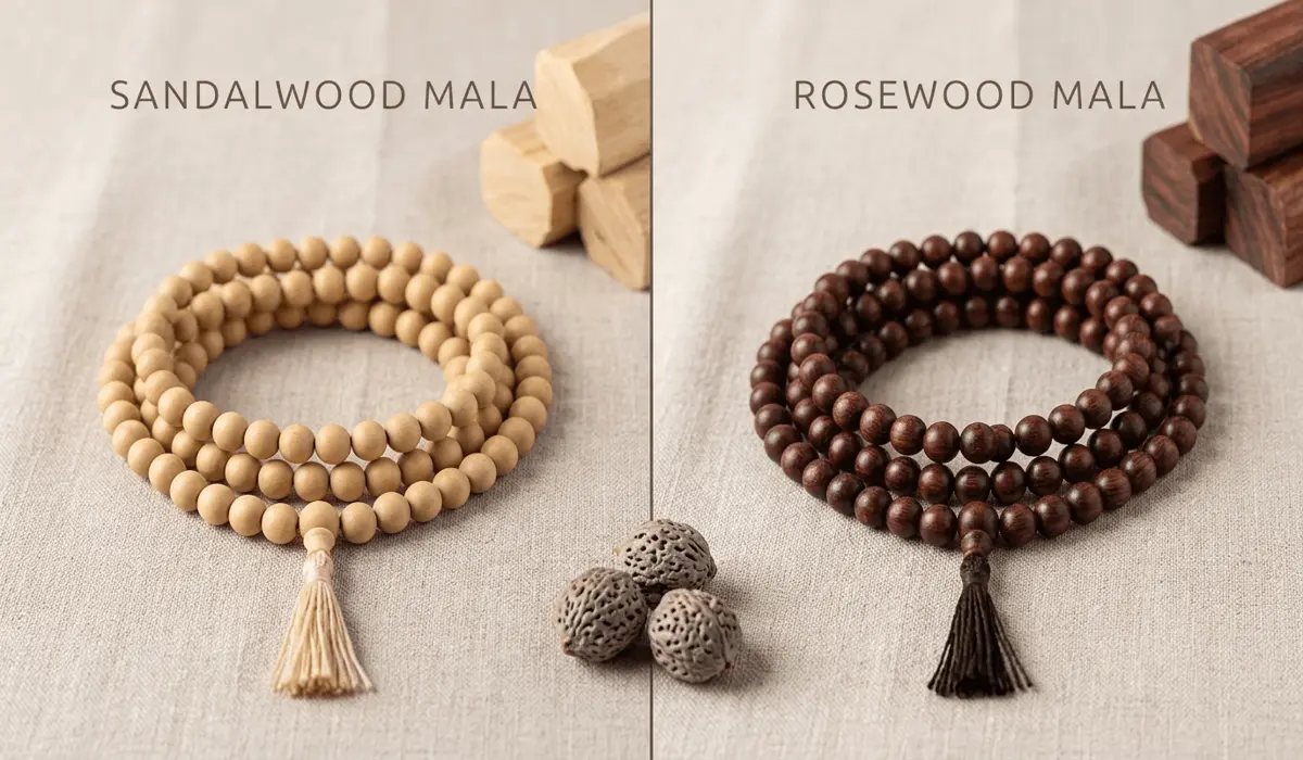 A visual comparison between Sandalwood and Rosewood mala beads, showcasing the different colors and textures of organic meditation tools.