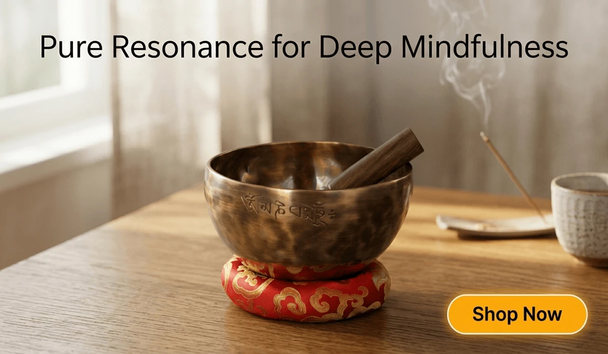 Handmade Nepalese Full Moon Singing Bowl on red cushion for sound healing and meditation - Professional product display