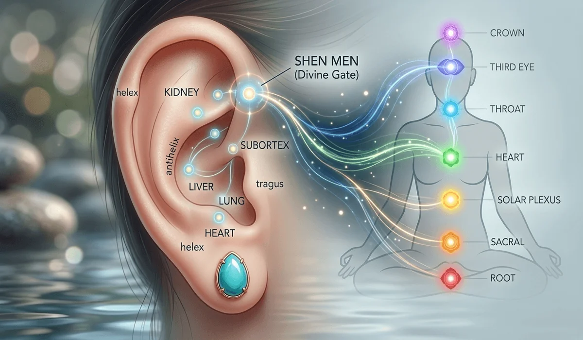 Acupuncture energy map of the ear showing how sacred jewelry interacts with energy meridians and the Shen Men point.