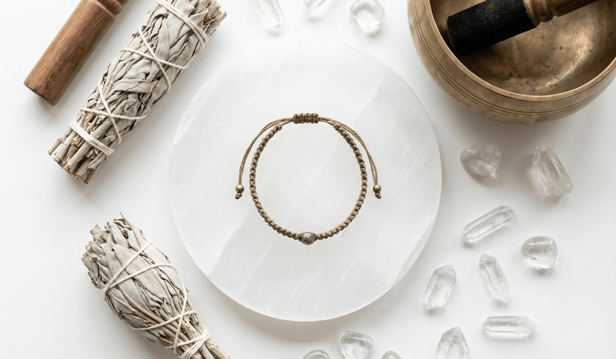 A Tibetan hand-knotted cord bracelet being cleansed and charged on a selenite plate with sage and a singing bowl.