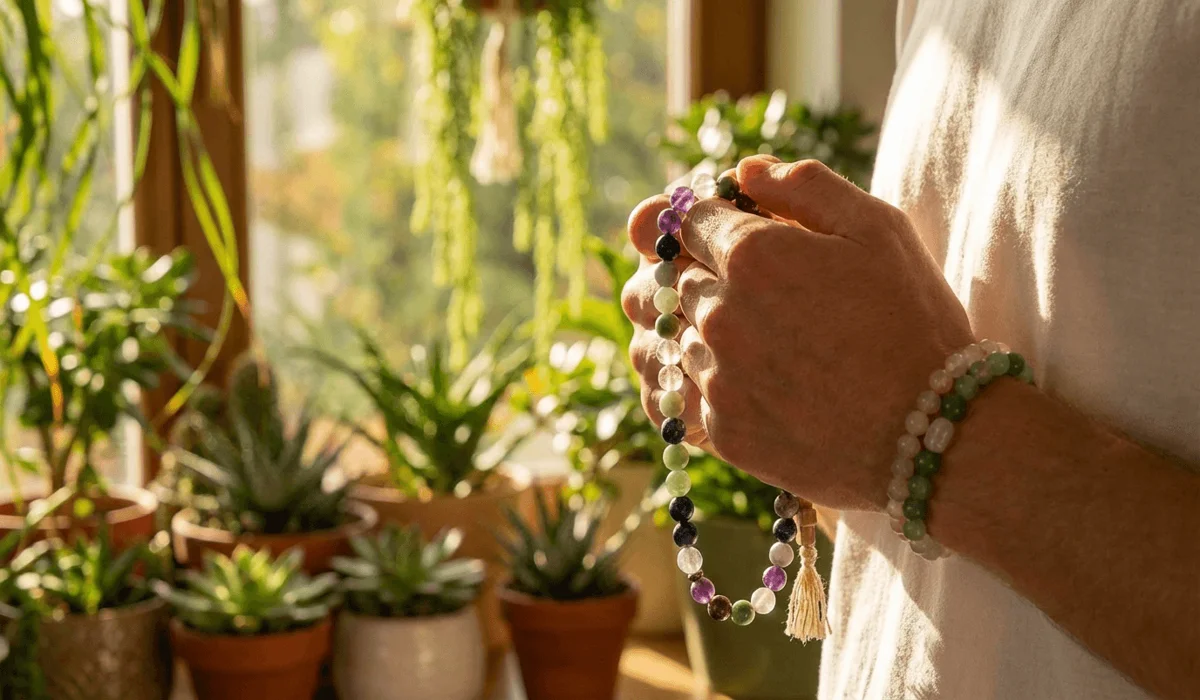 A person practicing mantra meditation by counting gemstone mala beads to achieve mindfulness and stress relief.
