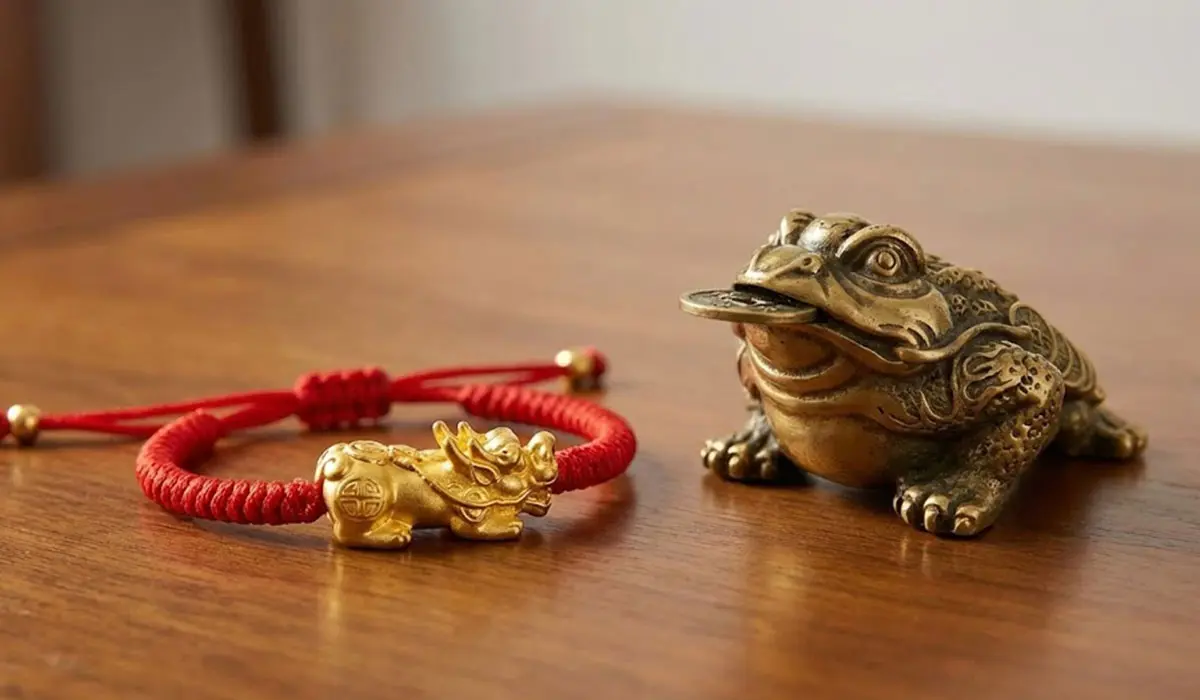 A golden Pixiu figurine on a red string bracelet next to a brass three-legged money toad statue.