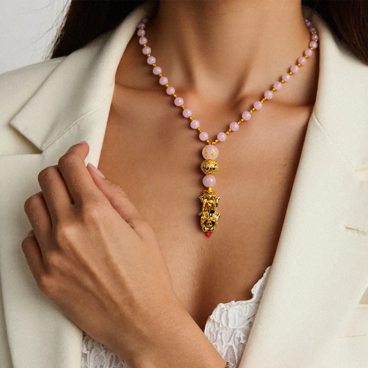 Rose Quartz Pixiu Pendant Necklace - The Embrace of Love and Abundance