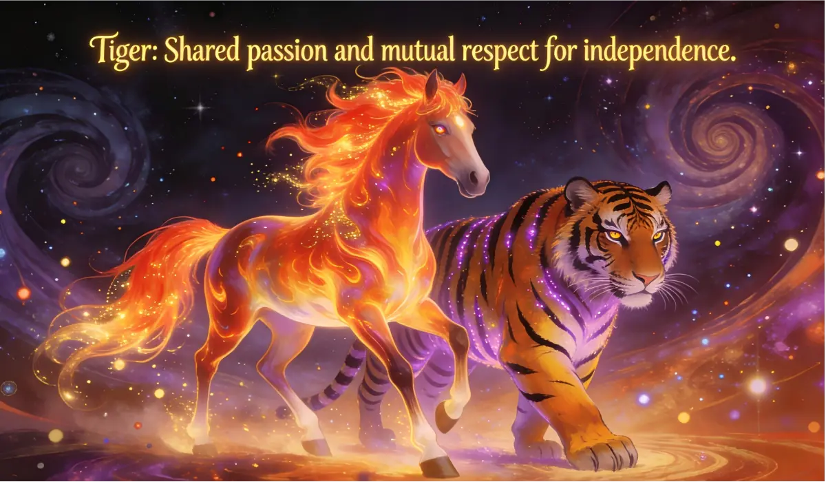 Illustration of the Fire Horse and Tiger zodiac signs forming a San He (Three Harmony) relationship, symbolizing compatibility and shared energy in 2026.
