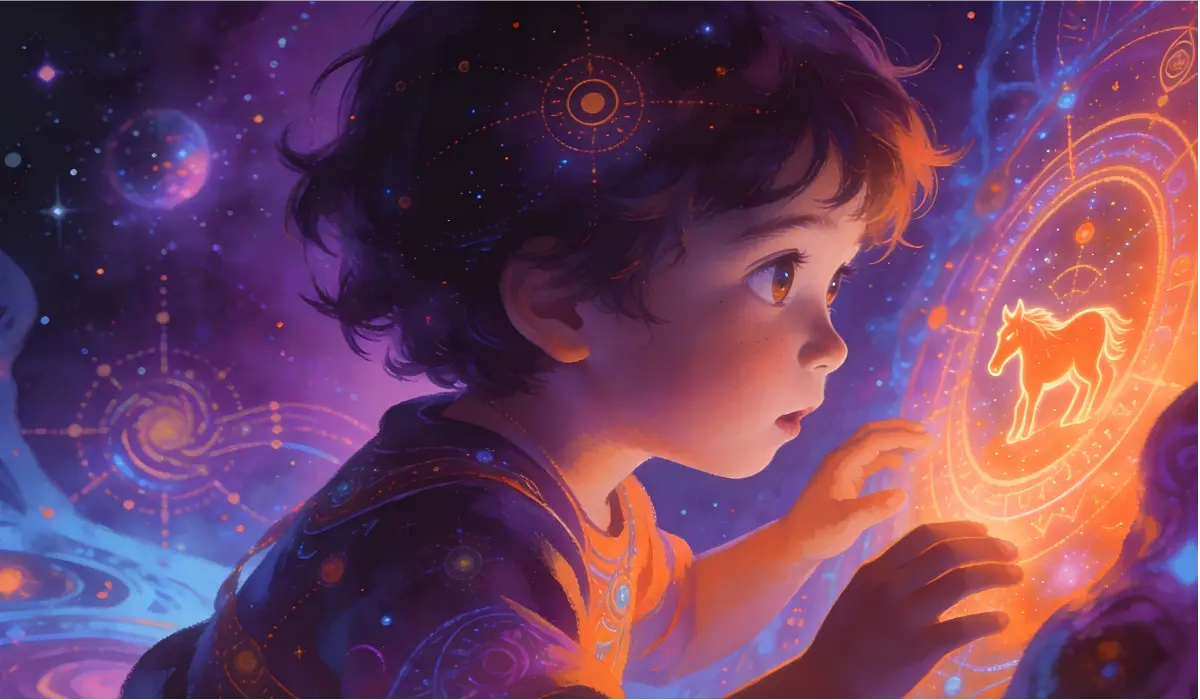 A curious child reaching toward a glowing Fire Horse zodiac symbol, representing the intelligence, independence, and energetic nature of children born in the 2026 Fire Horse year.
