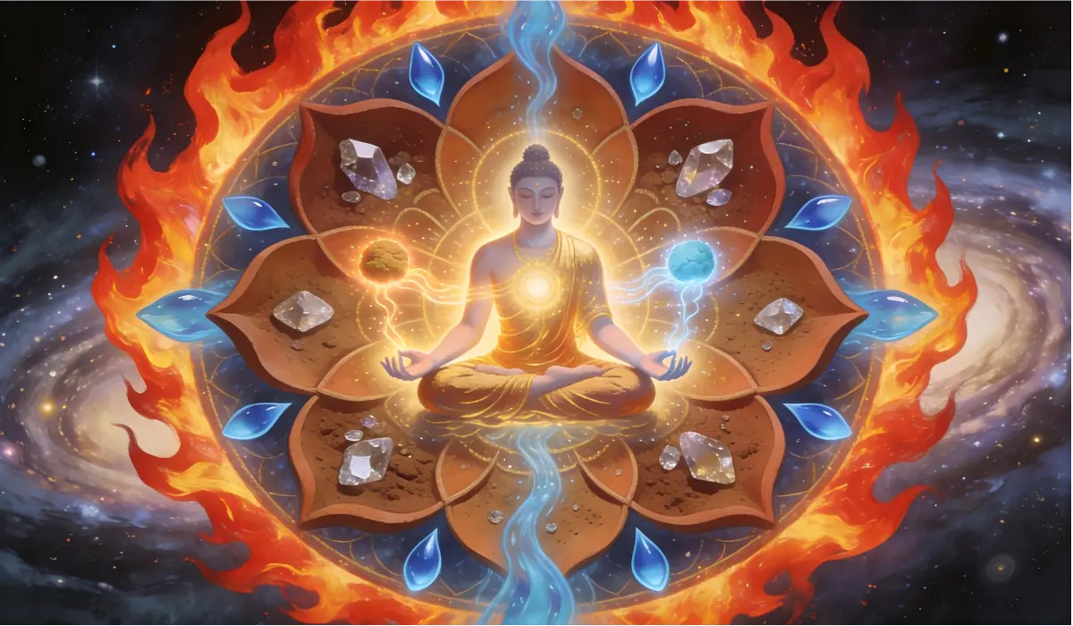 Five Elements Feng Shui illustration showing fire, earth, and water energies used to balance the intense Fire Horse energy of the 2026 Chinese Zodiac year.