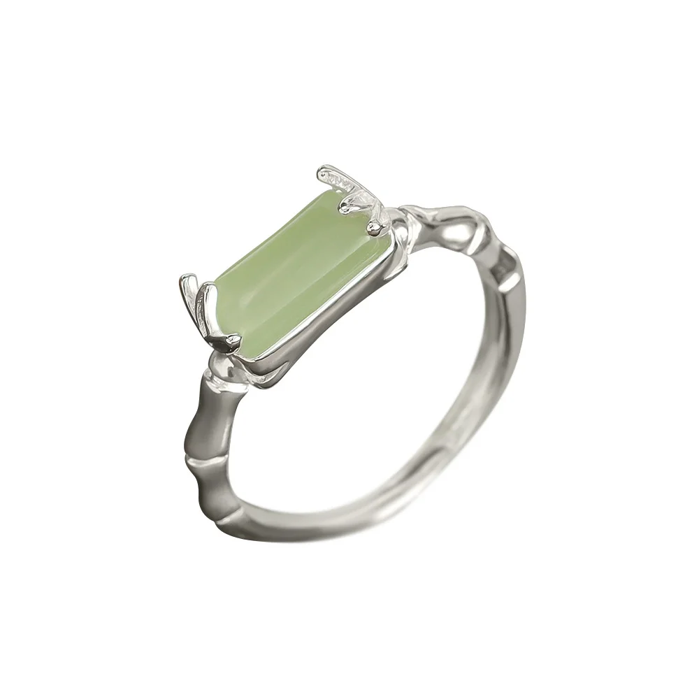 Bamboo Adjustable Ring – Silver-Plated Copper with Pale Green Accent | Growth & Resilience