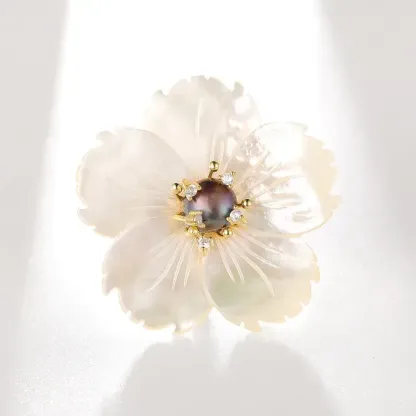 Black Baroque Pearl & Shell Flower Natural Sea Shell & Freshwater Pearl Brooch – Timeless Elegance & Sophisticated Grace