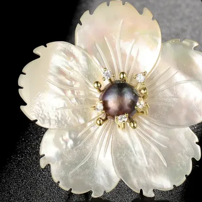 Black Baroque Pearl & Shell Flower Natural Sea Shell & Freshwater Pearl Brooch – Timeless Elegance & Sophisticated Grace