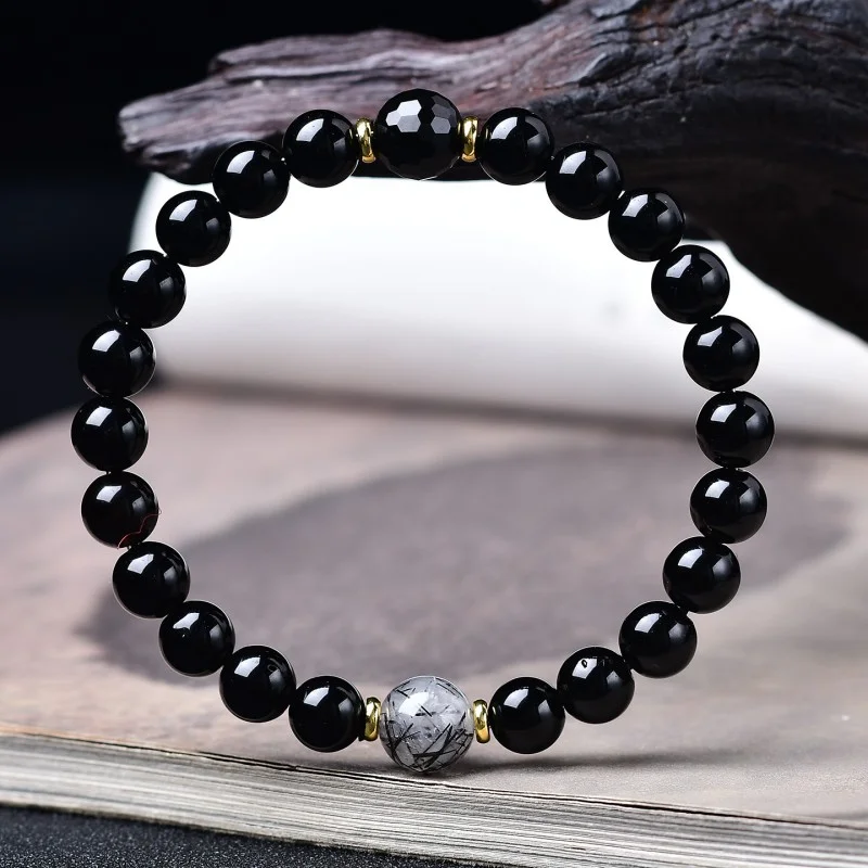 Black Obsidian & Black Rutilated Quartz Bracelet – Grounding Protection Crystal Jewelry