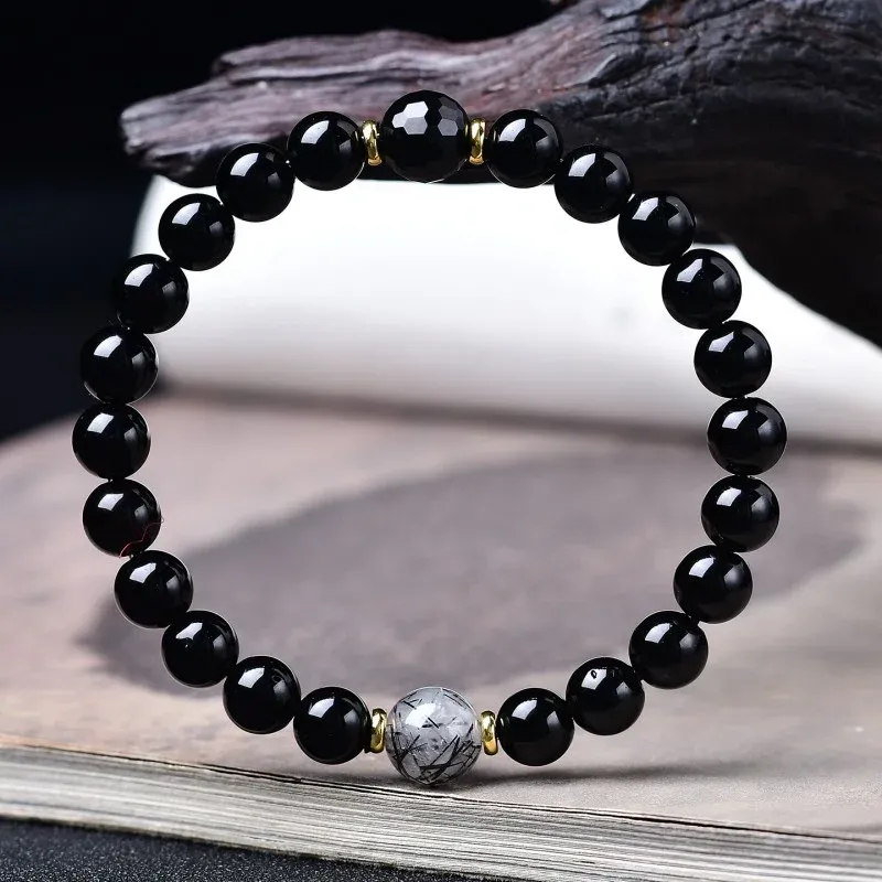 Black Obsidian & Black Rutilated Quartz Bracelet – Grounding Protection Crystal Jewelry