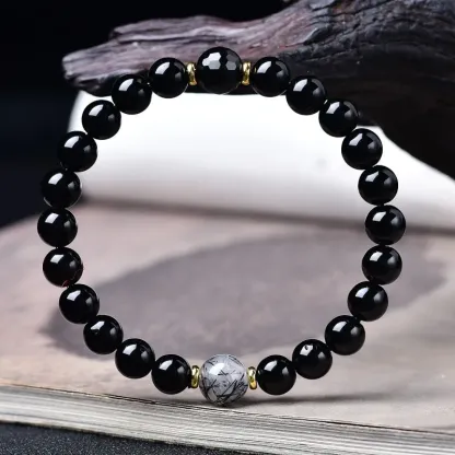 Black Obsidian & Black Rutilated Quartz Bracelet – Grounding Protection Crystal Jewelry