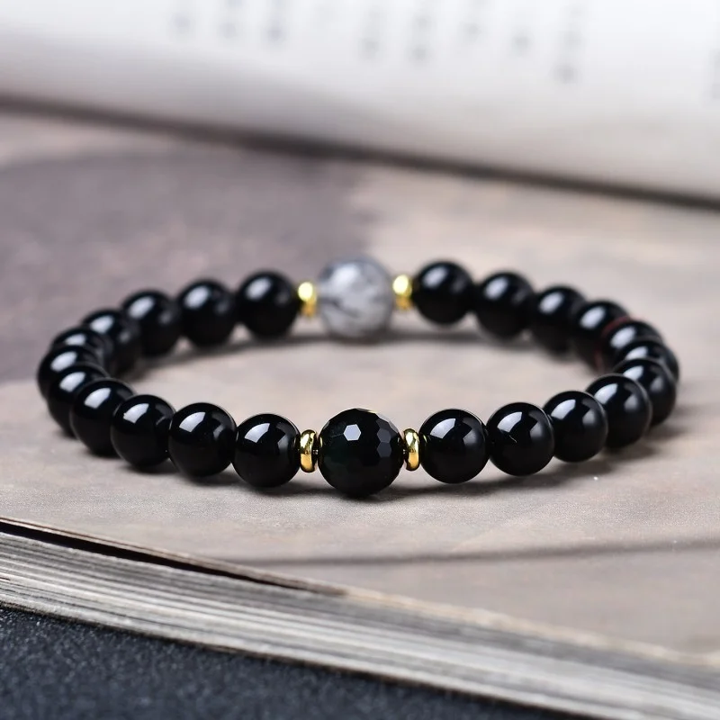 Black Obsidian & Black Rutilated Quartz Bracelet – Grounding Protection Crystal Jewelry