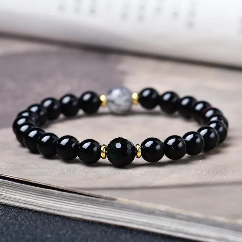 Black Obsidian & Black Rutilated Quartz Bracelet – Grounding Protection Crystal Jewelry