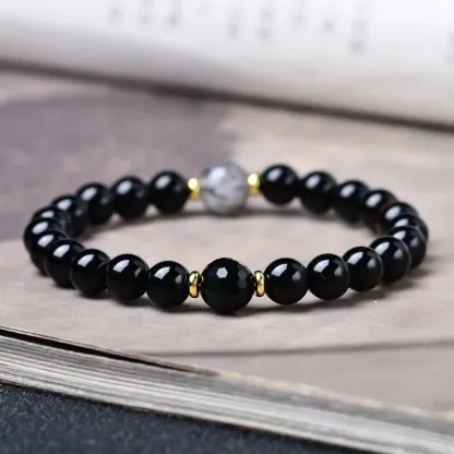 Black Obsidian & Black Rutilated Quartz Bracelet – Grounding Protection Crystal Jewelry